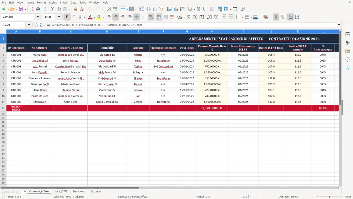 Schermata 1: scheda Contratti_Affitto - Modello Excel adeguamento ISTAT canone affitto excel