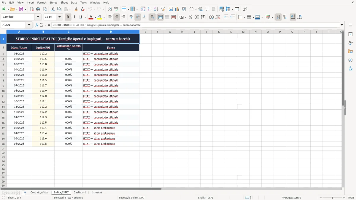 Schermata 2: scheda Indice_ISTAT - Modello Excel adeguamento ISTAT canone affitto excel
