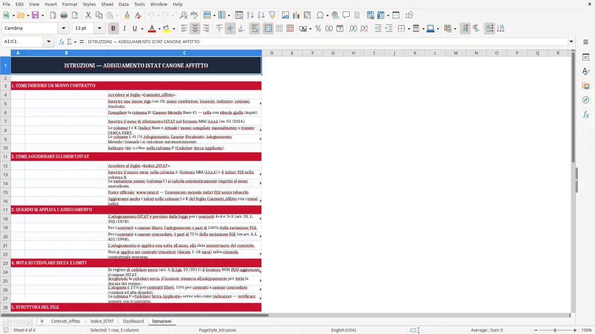 Schermata 4: scheda Istruzioni - Modello Excel adeguamento ISTAT canone affitto excel