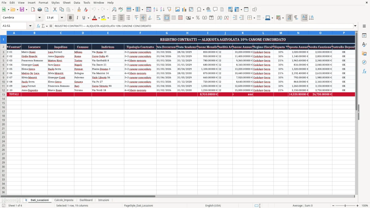 Schermata 1: scheda Dati_Locazioni - Modello Excel aliquota agevolata 10 canone concordato excel