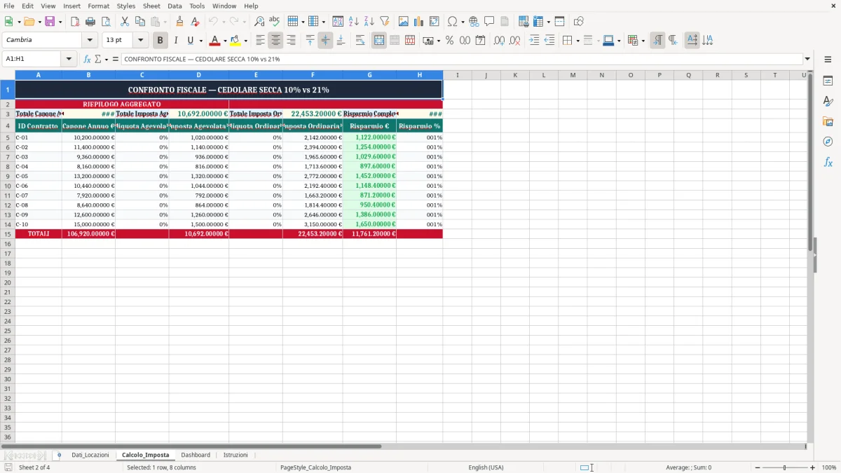 Schermata 2: scheda Calcolo_Imposta - Modello Excel aliquota agevolata 10 canone concordato excel