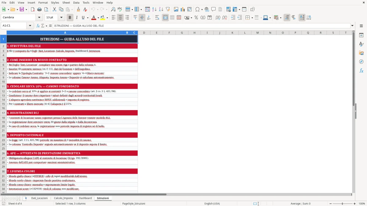 Schermata 4: scheda Istruzioni - Modello Excel aliquota agevolata 10 canone concordato excel
