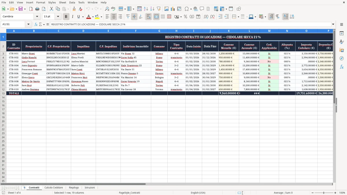 Schermata 1: scheda Contratti - Modello Excel cedolare secca 21 calcolo excel