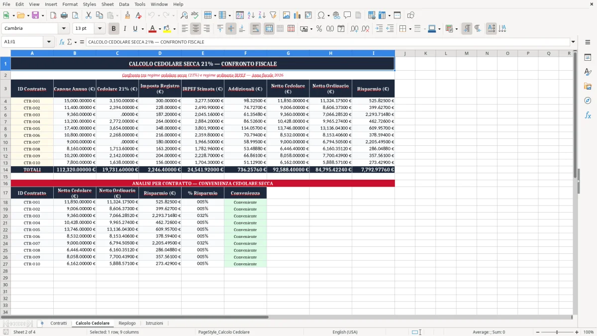 Schermata 2: scheda Calcolo Cedolare - Modello Excel cedolare secca 21 calcolo excel