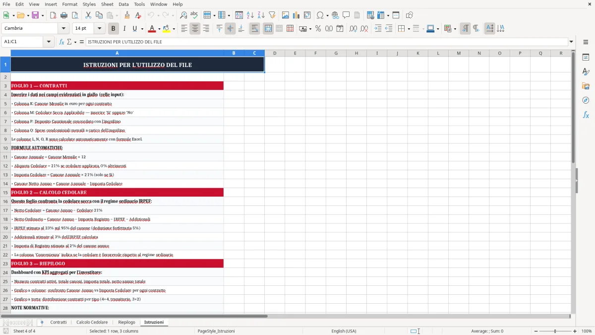 Schermata 4: scheda Istruzioni - Modello Excel cedolare secca 21 calcolo excel