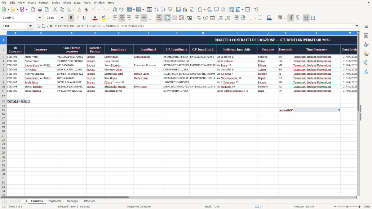 Schermata 1: scheda Contratto - Modello Excel contratto affitto studenti universitari excel