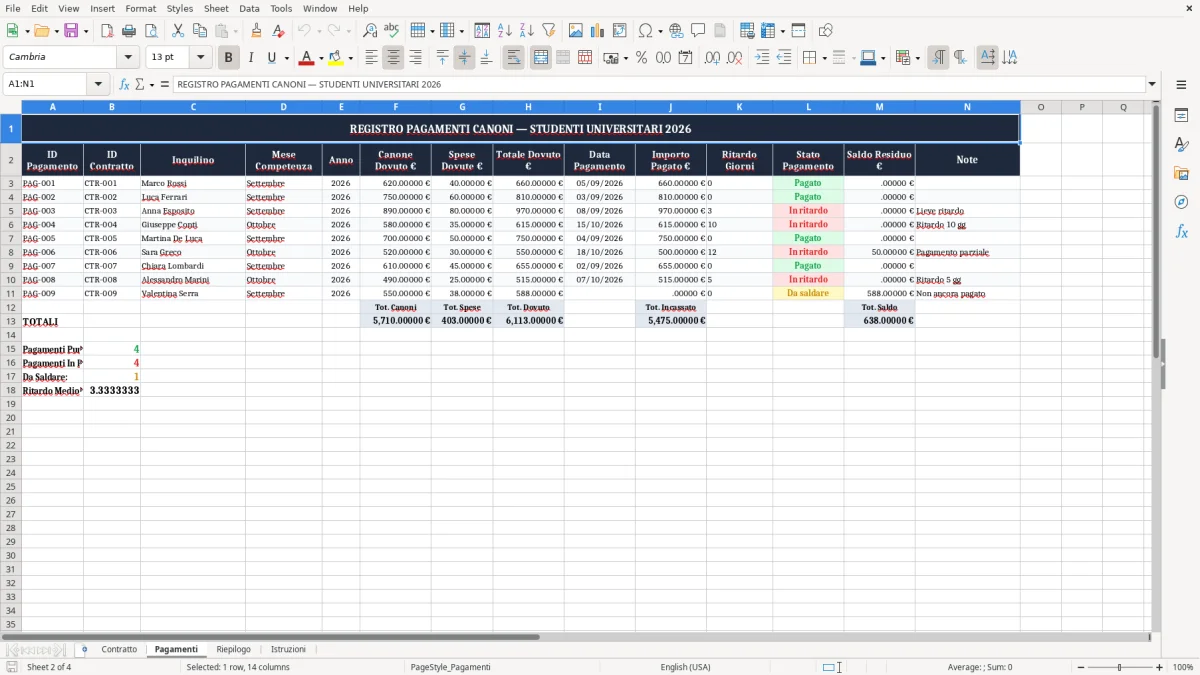 Schermata 2: scheda Pagamenti - Modello Excel contratto affitto studenti universitari excel