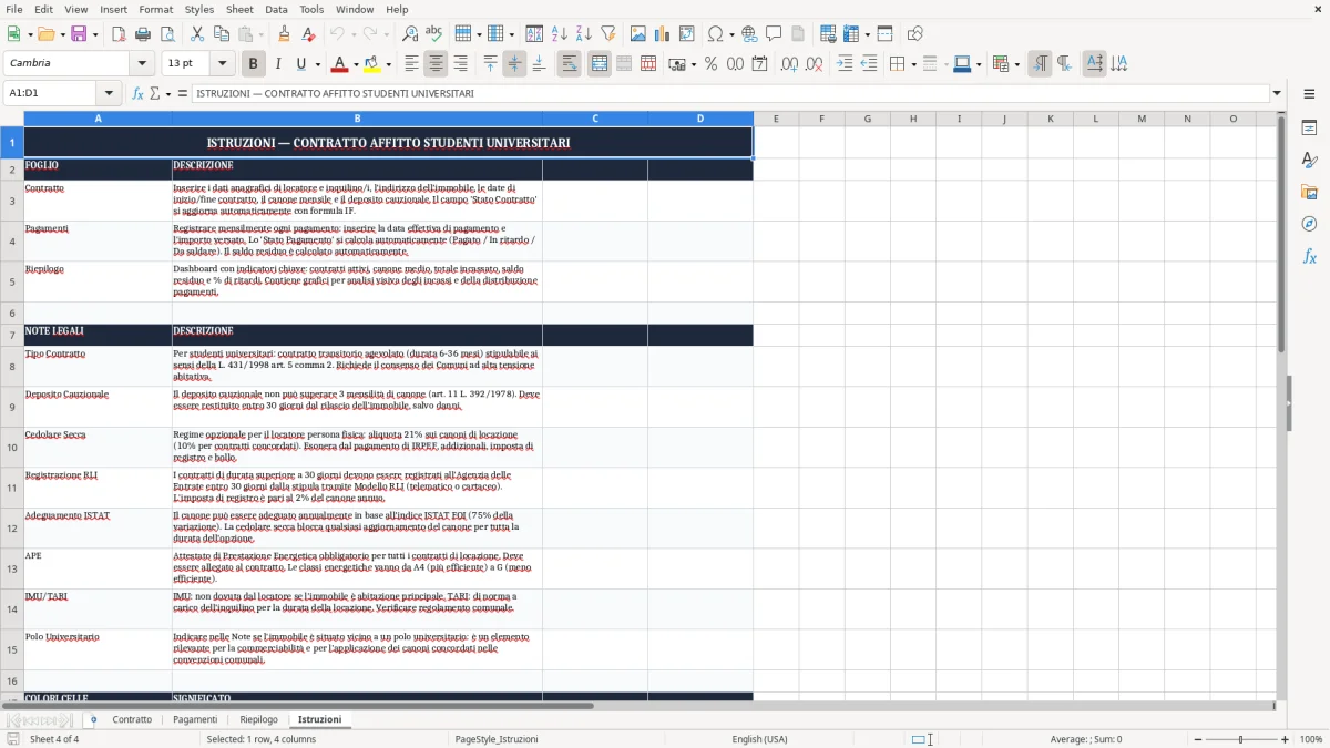 Schermata 4: scheda Istruzioni - Modello Excel contratto affitto studenti universitari excel