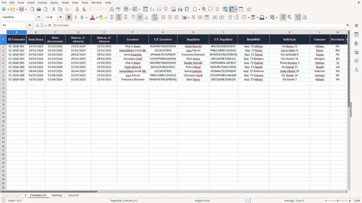 Schermata 1: scheda Contratti_3+2 - Modello Excel contratto canone concordato 3+2 excel