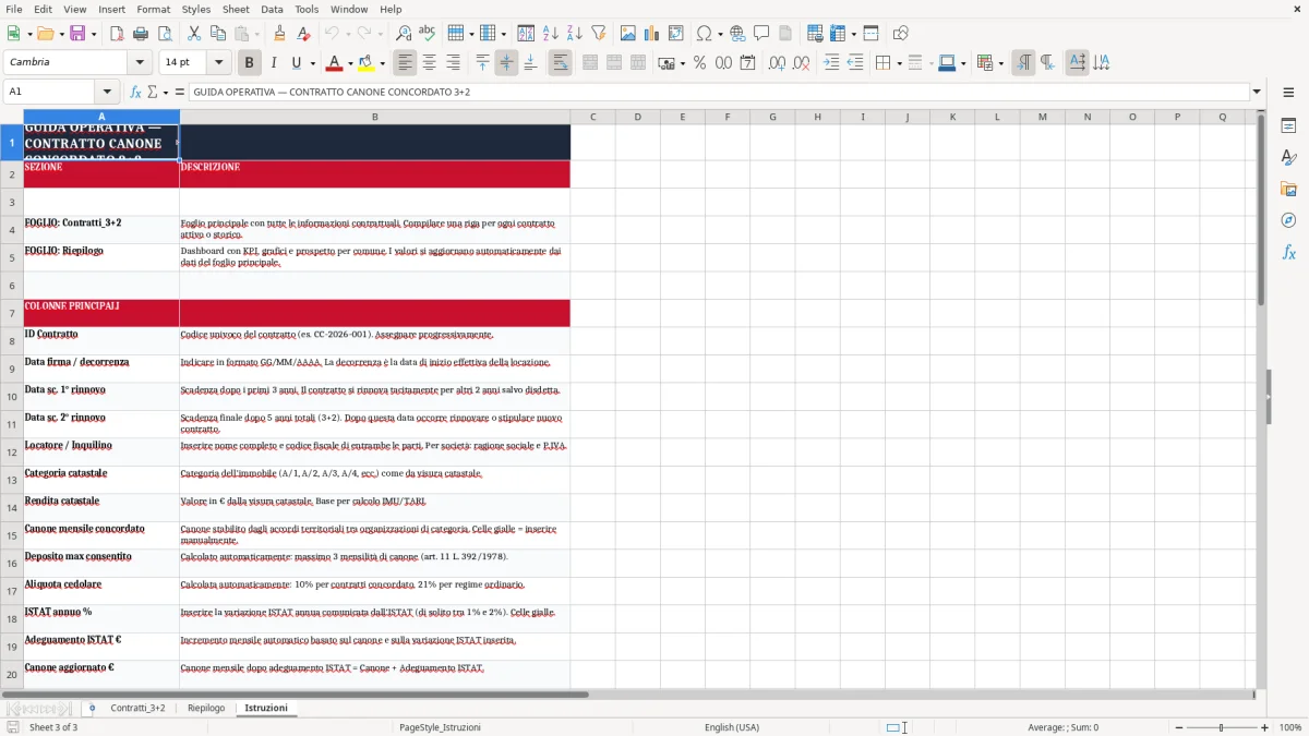 Schermata 3: scheda Istruzioni - Modello Excel contratto canone concordato 3+2 excel