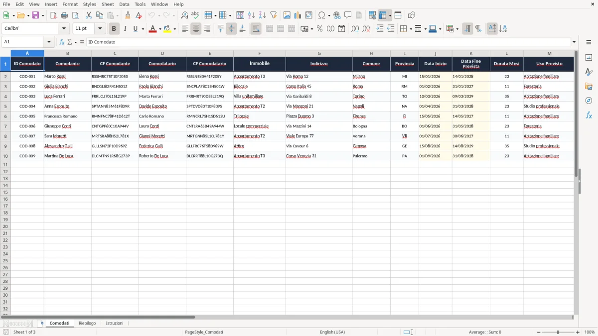 Schermata 1: scheda Comodati - Modello Excel contratto comodato uso gratuito excel