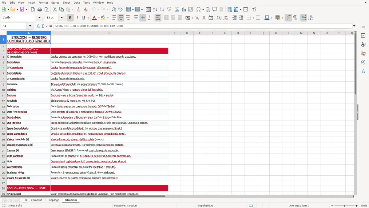 Schermata 3: scheda Istruzioni - Modello Excel contratto comodato uso gratuito excel