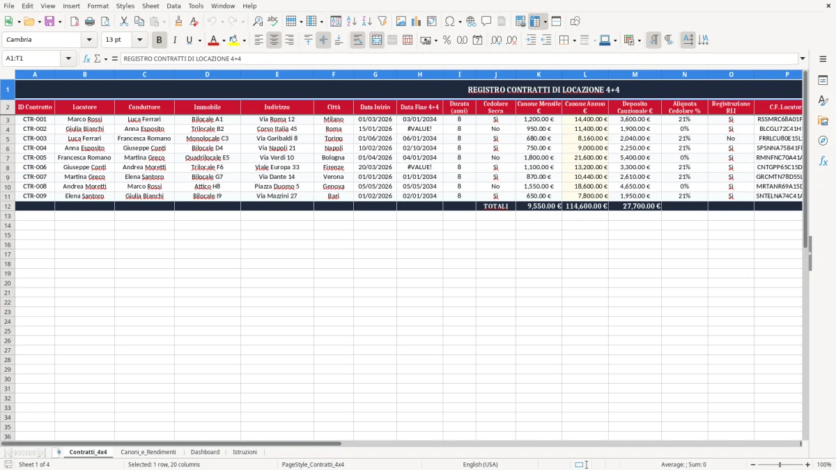 Schermata 1: scheda Contratti_4x4 - Modello Excel contratto di locazione 4+4 excel