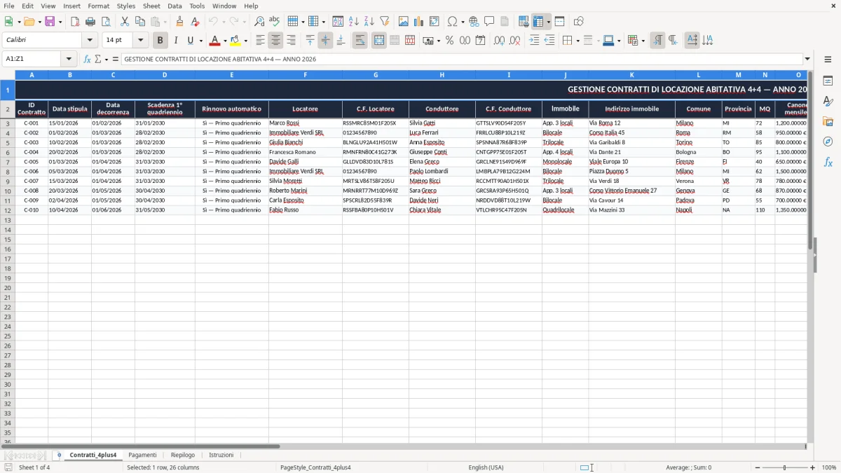 Schermata 1: scheda Contratti_4plus4 - Modello Excel contratto di locazione 4+4 excel