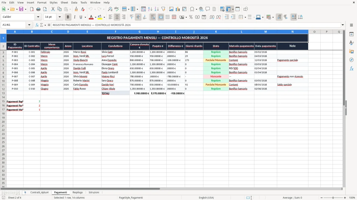 Schermata 2: scheda Pagamenti - Modello Excel contratto di locazione 4+4 excel
