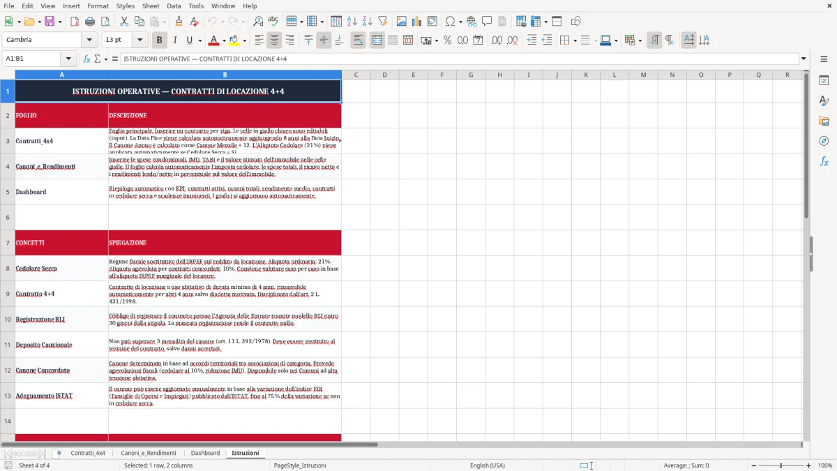 Schermata 4: scheda Istruzioni - Modello Excel contratto di locazione 4+4 excel