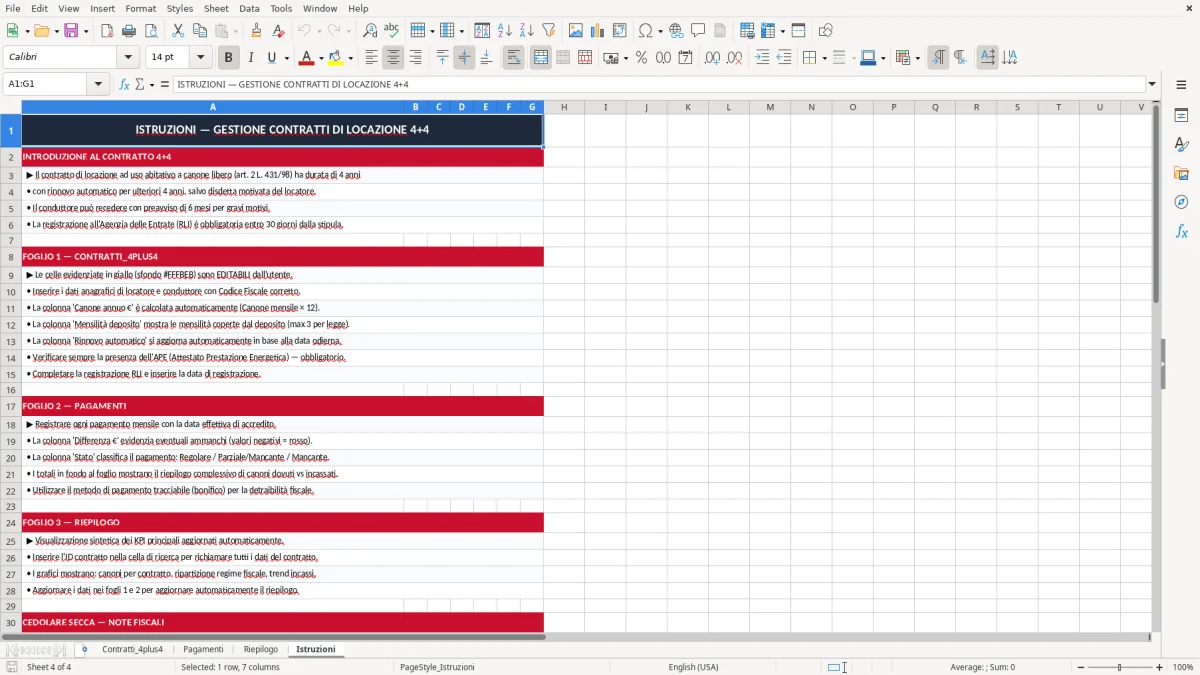 Schermata 4: scheda Istruzioni - Modello Excel contratto di locazione 4+4 excel