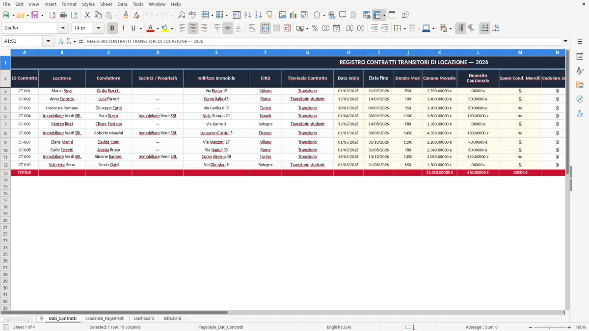 Schermata 1: scheda Dati_Contratti - Modello Excel contratto transitorio affitto excel