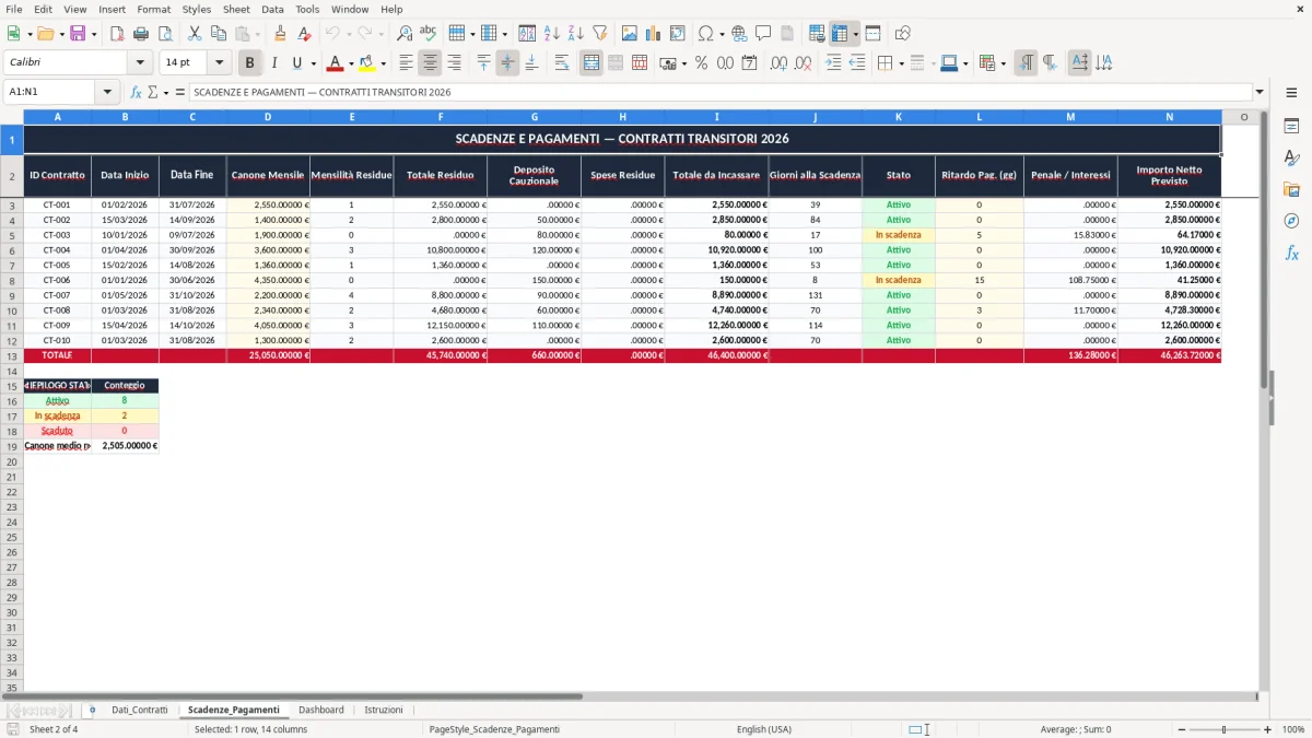 Schermata 2: scheda Scadenze_Pagamenti - Modello Excel contratto transitorio affitto excel