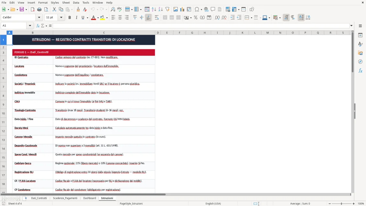 Schermata 4: scheda Istruzioni - Modello Excel contratto transitorio affitto excel
