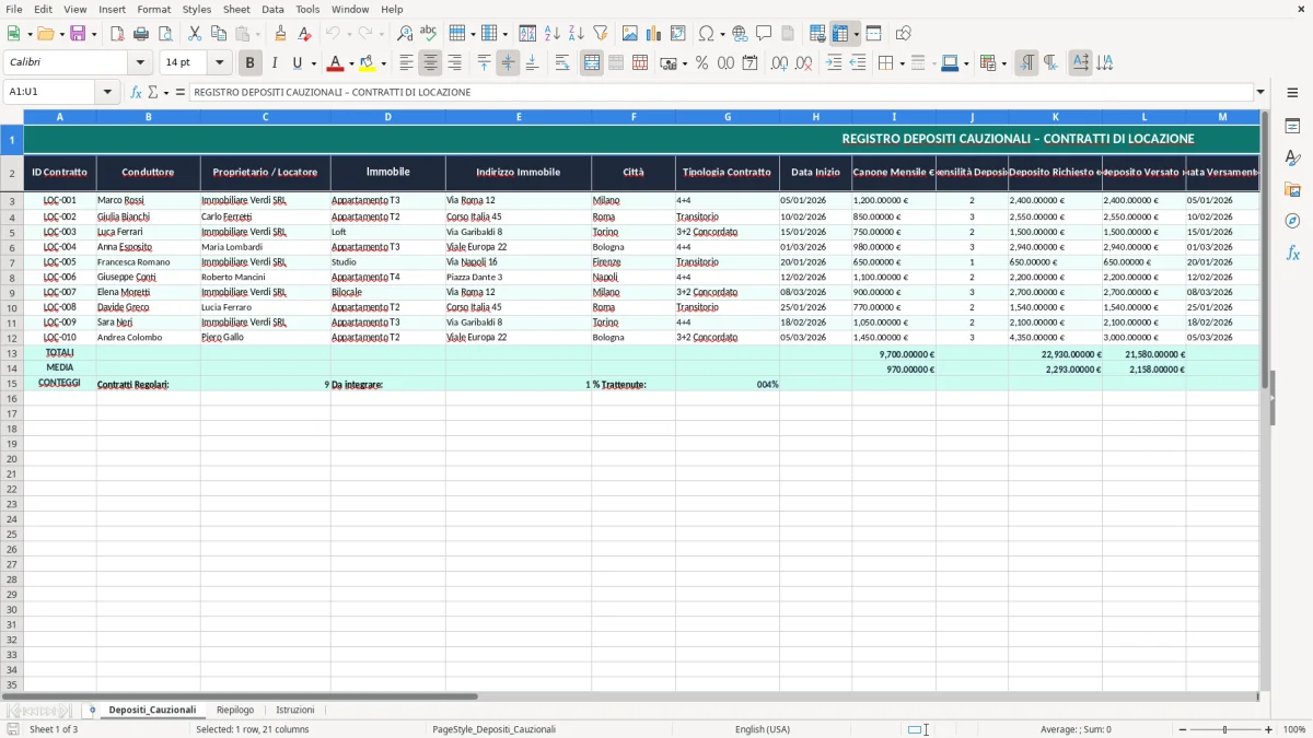 Schermata 1: scheda Depositi_Cauzionali - Modello Excel deposito cauzionale affitto excel
