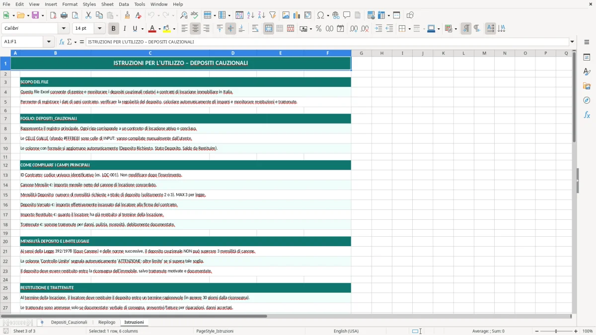 Schermata 3: scheda Istruzioni - Modello Excel deposito cauzionale affitto excel