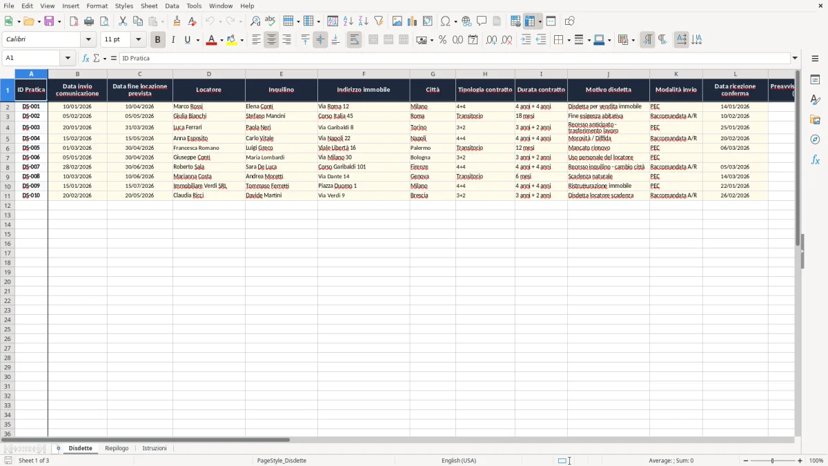 Schermata 1: scheda Disdette - Modello Excel disdetta contratto locazione excel