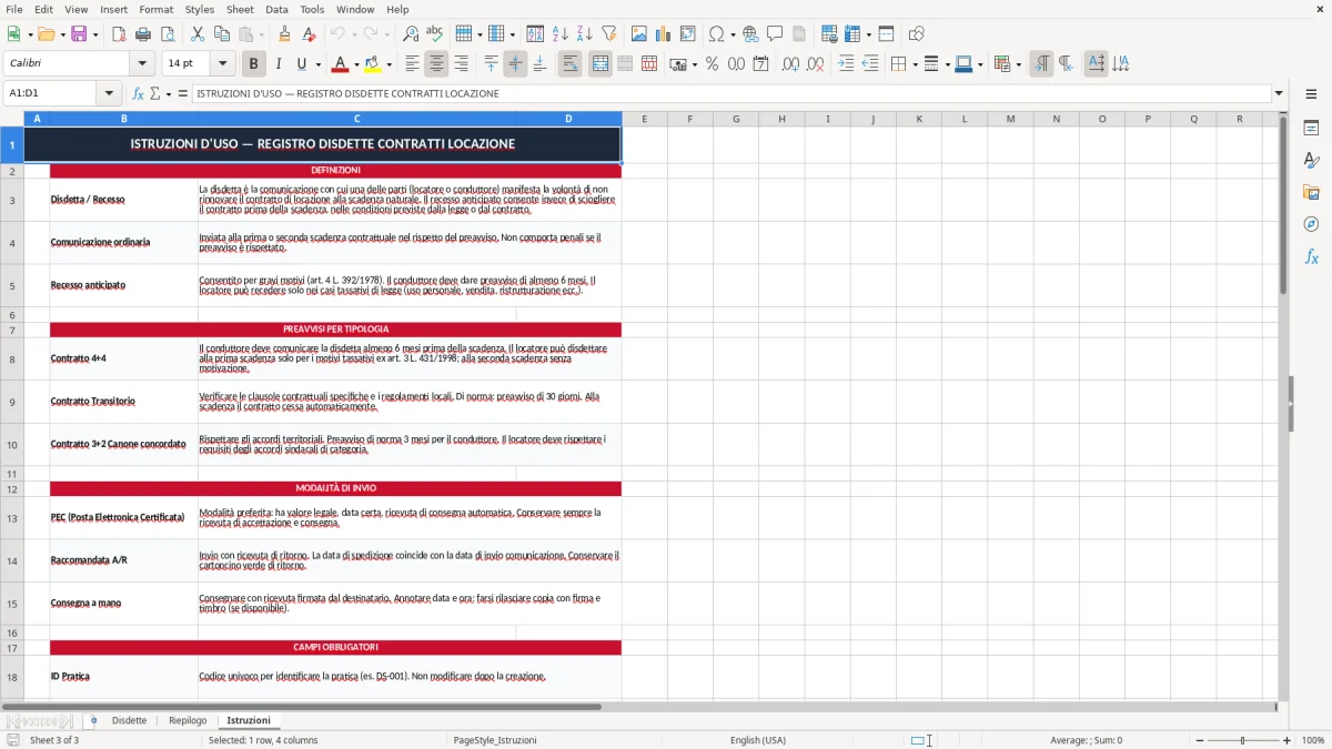 Schermata 3: scheda Istruzioni - Modello Excel disdetta contratto locazione excel