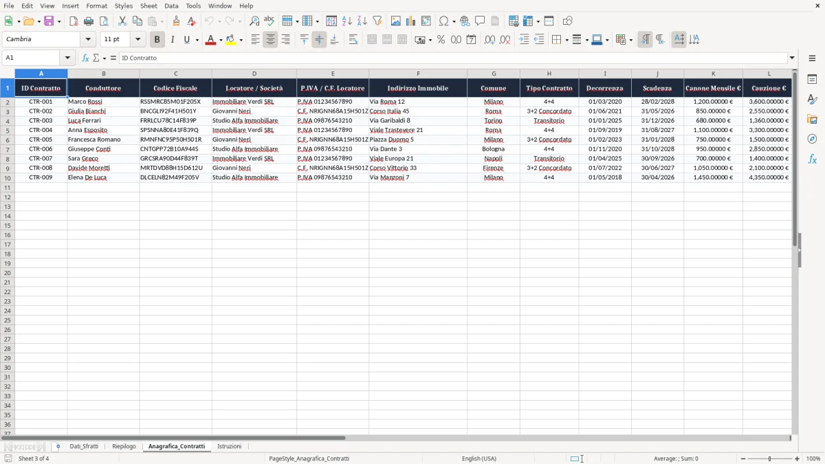 Schermata 3: scheda Anagrafica_Contratti - Modello Excel intimazione sfratto morosità excel