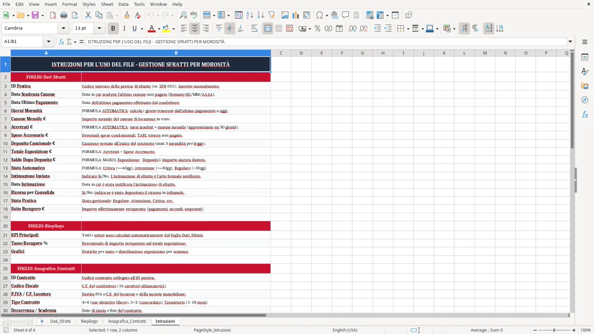Schermata 4: scheda Istruzioni - Modello Excel intimazione sfratto morosità excel