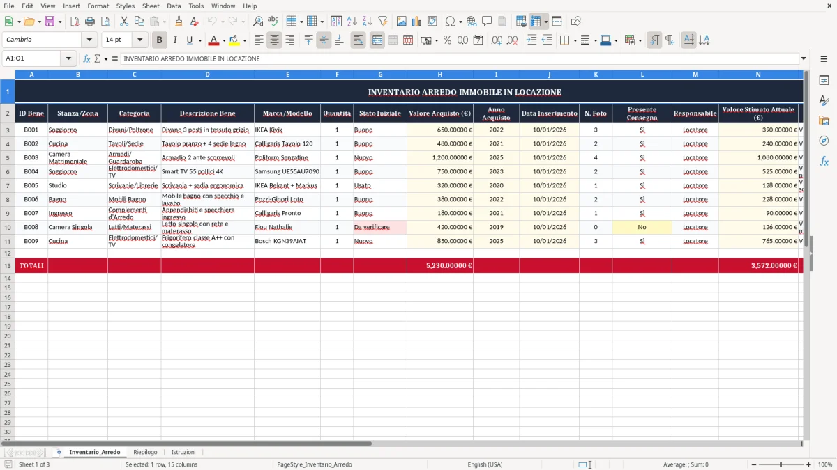 Schermata 1: scheda Inventario_Arredo - Modello Excel inventario arredo casa affitto excel