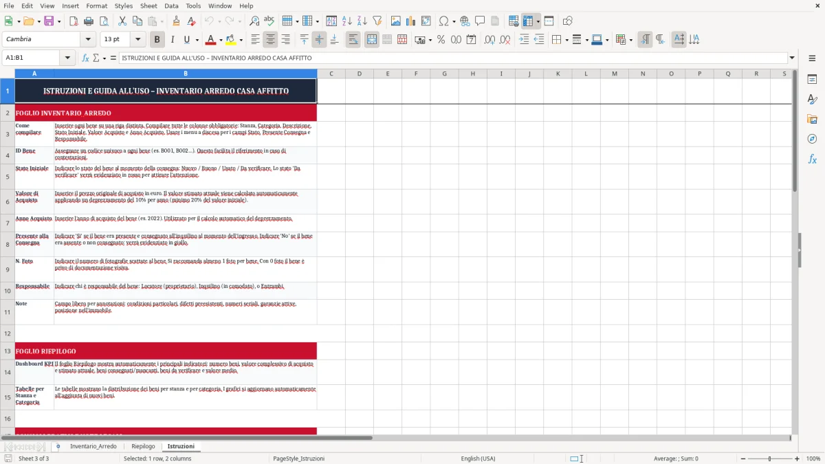 Schermata 3: scheda Istruzioni - Modello Excel inventario arredo casa affitto excel