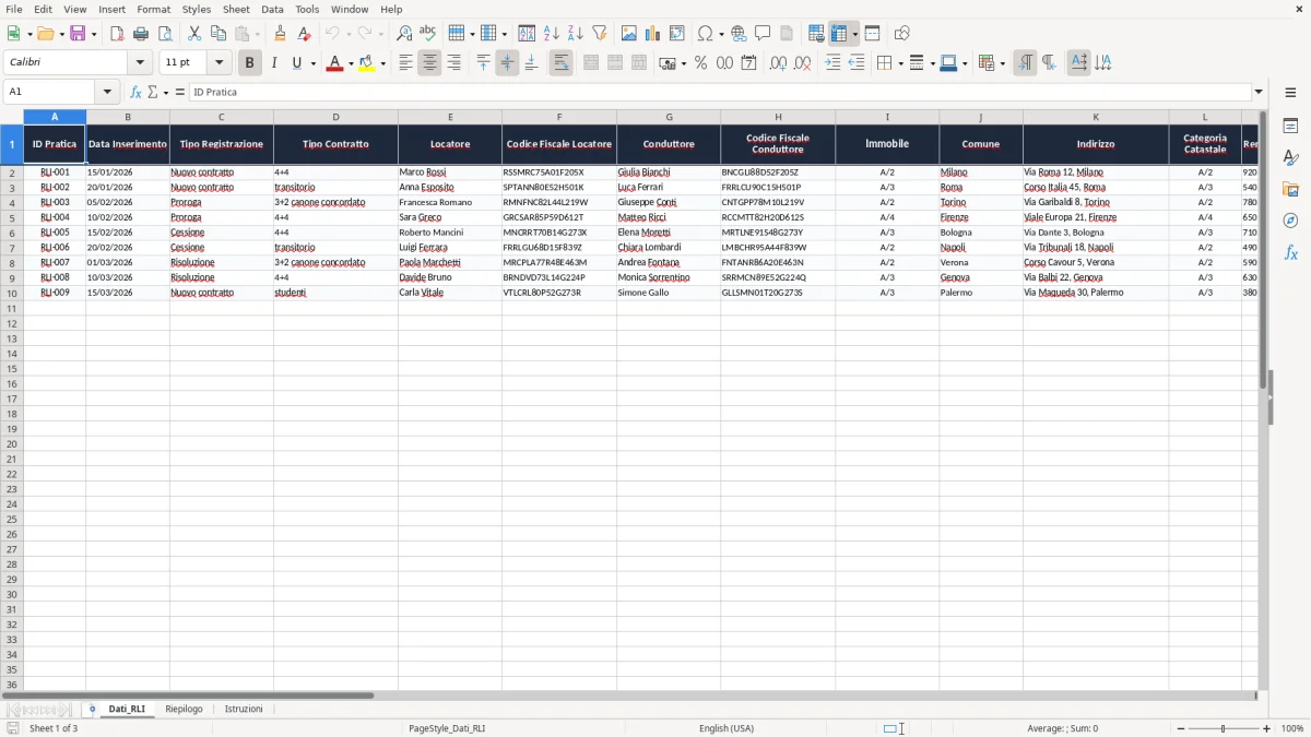 Schermata 1: scheda Dati_RLI - Modello Excel modello RLI registrazione locazione excel