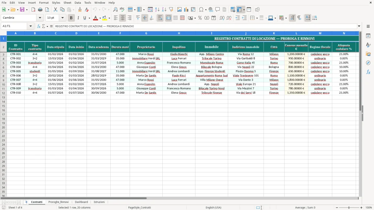 Schermata 1: scheda Contratti - Modello Excel proroga contratto locazione excel