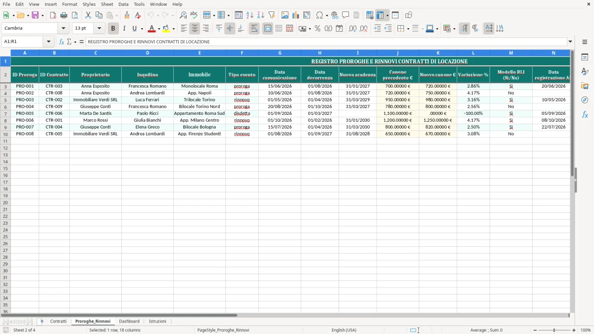 Schermata 2: scheda Proroghe_Rinnovi - Modello Excel proroga contratto locazione excel