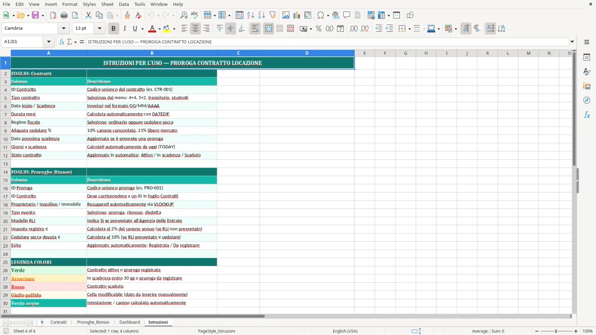 Schermata 4: scheda Istruzioni - Modello Excel proroga contratto locazione excel