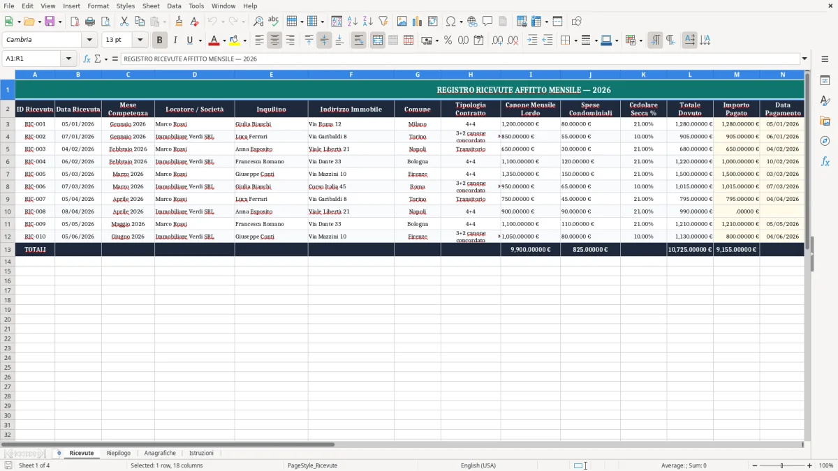 Schermata 1: scheda Ricevute - Modello Excel ricevuta affitto mensile excel