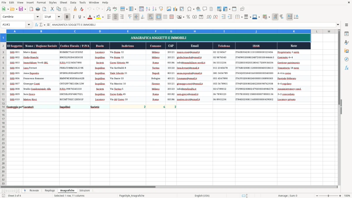 Schermata 3: scheda Anagrafiche - Modello Excel ricevuta affitto mensile excel