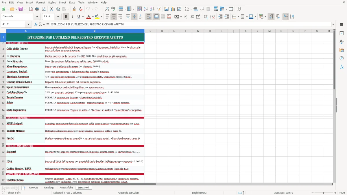 Schermata 4: scheda Istruzioni - Modello Excel ricevuta affitto mensile excel