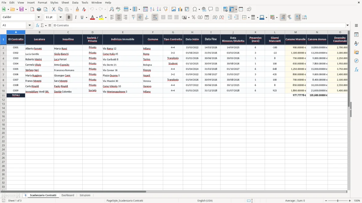 Schermata 1: scheda Scadenzario Contratti - Modello Excel scadenzario contratti affitto excel