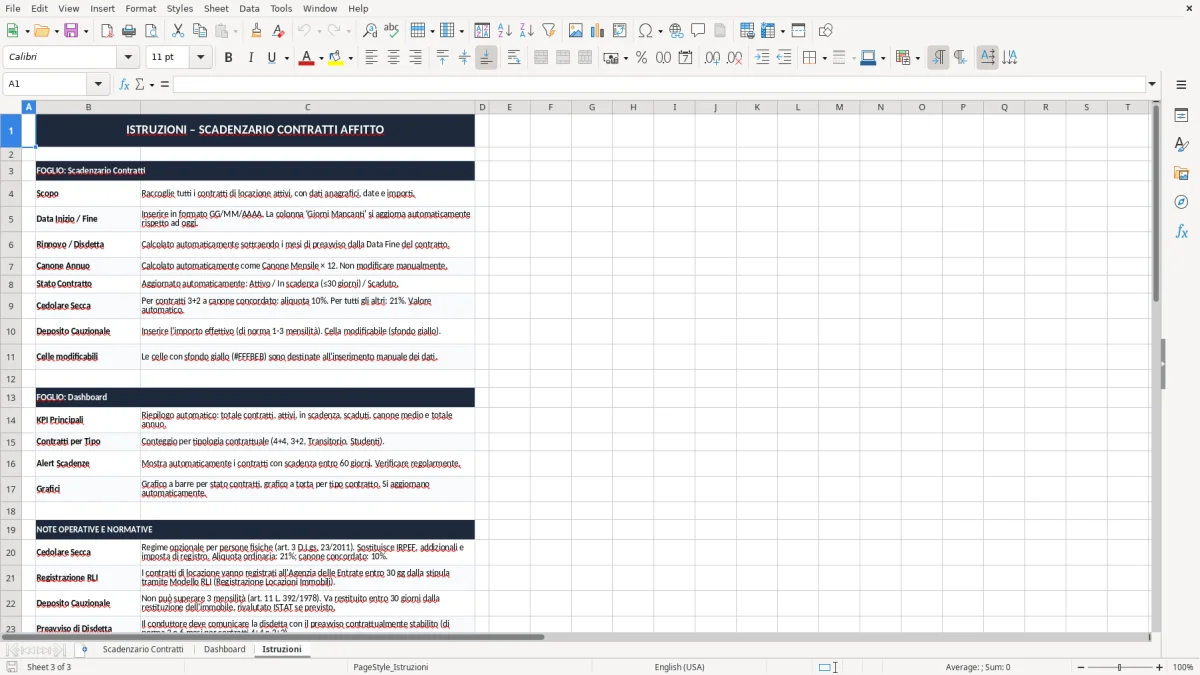 Schermata 3: scheda Istruzioni - Modello Excel scadenzario contratti affitto excel