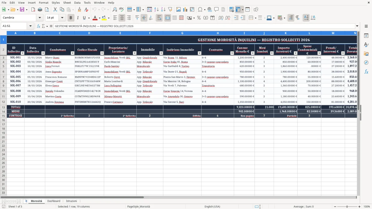 Schermata 1: scheda Morosità - Modello Excel sollecito morosità inquilino excel