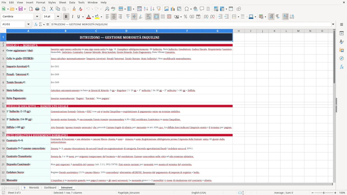 Schermata 3: scheda Istruzioni - Modello Excel sollecito morosità inquilino excel
