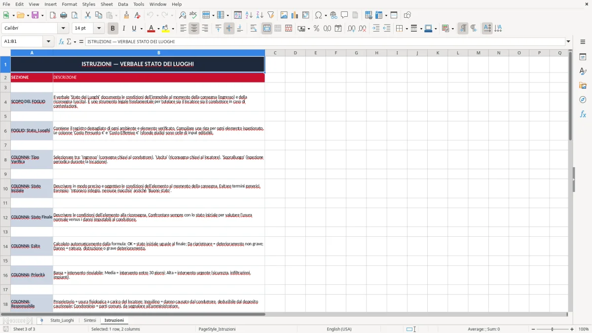 Schermata 3: scheda Istruzioni - Modello Excel stato dei luoghi immobile excel