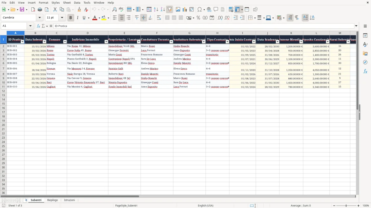 Schermata 1: scheda Subentri - Modello Excel subentro contratto affitto excel