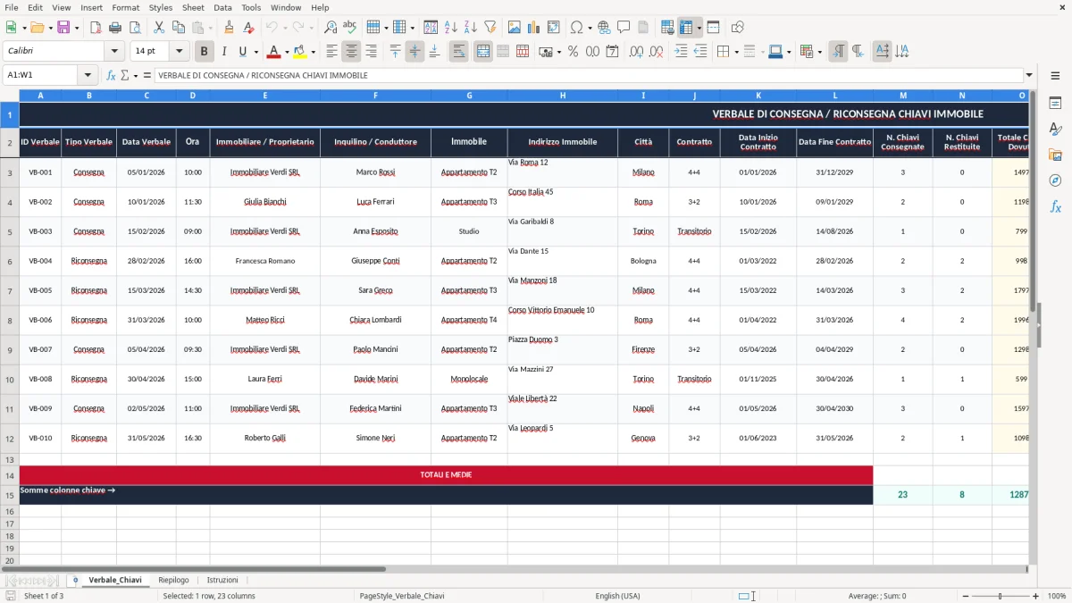 Schermata 1: scheda Verbale_Chiavi - Modello Excel verbale consegna chiavi immobile excel