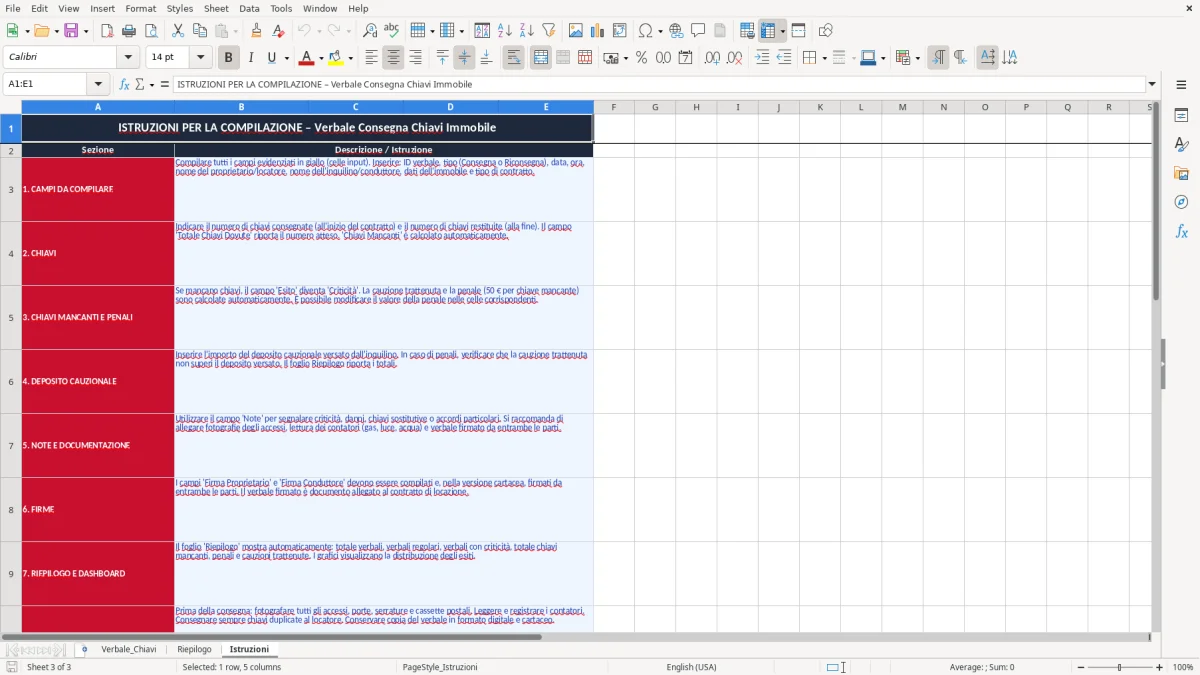 Schermata 3: scheda Istruzioni - Modello Excel verbale consegna chiavi immobile excel