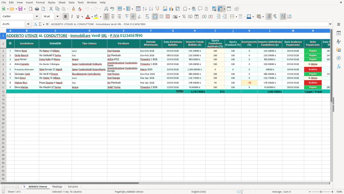 Schermata 1: scheda Addebiti Utenze - Modello Excel addebito utenze locatario excel