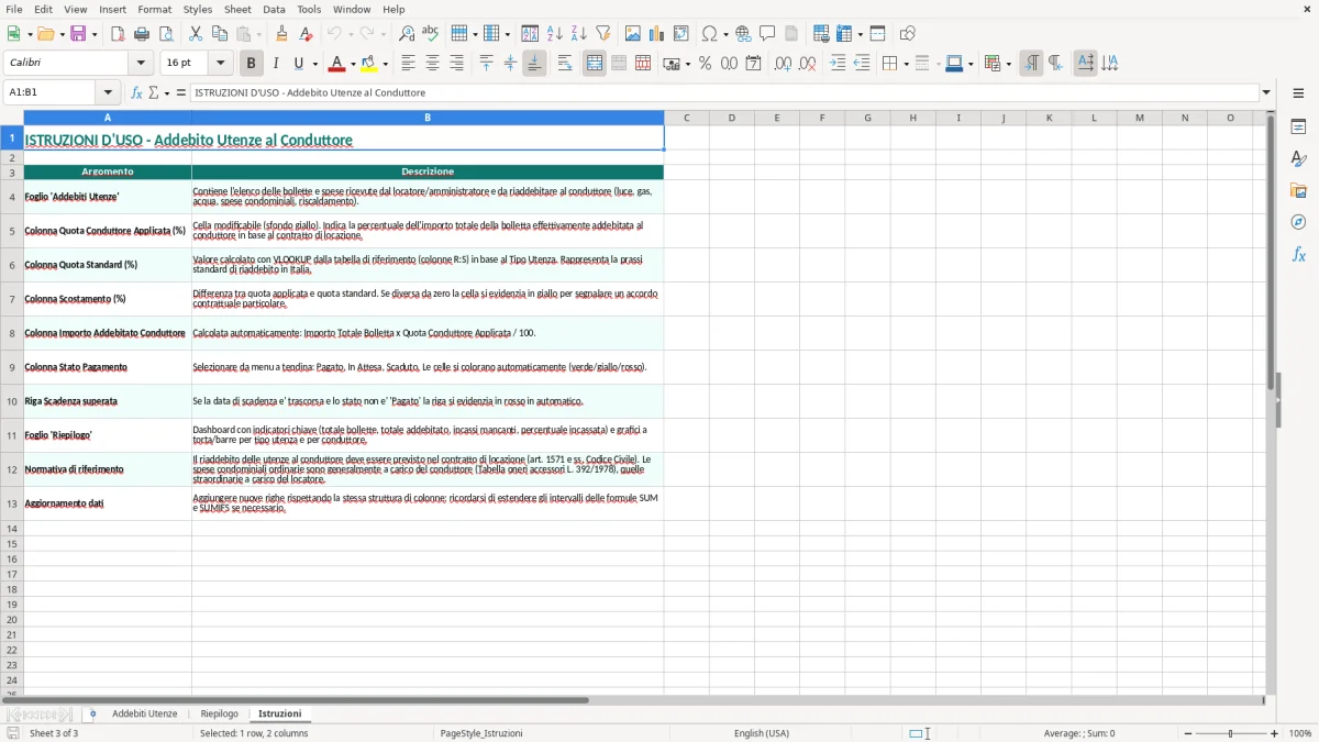 Schermata 3: scheda Istruzioni - Modello Excel addebito utenze locatario excel