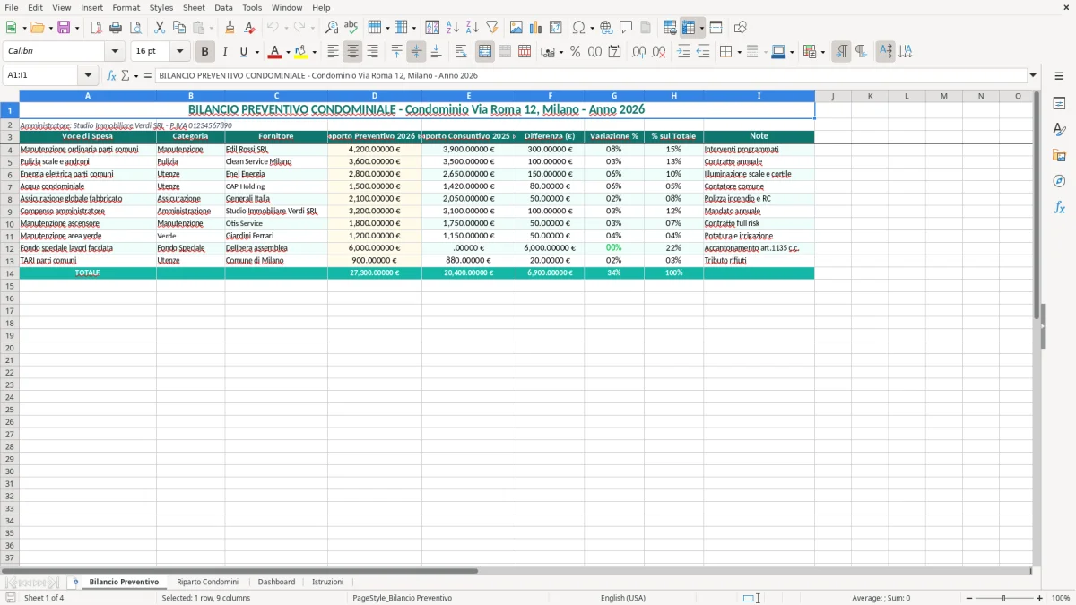 Schermata 1: scheda Bilancio Preventivo - Modello Excel bilancio preventivo condominio excel